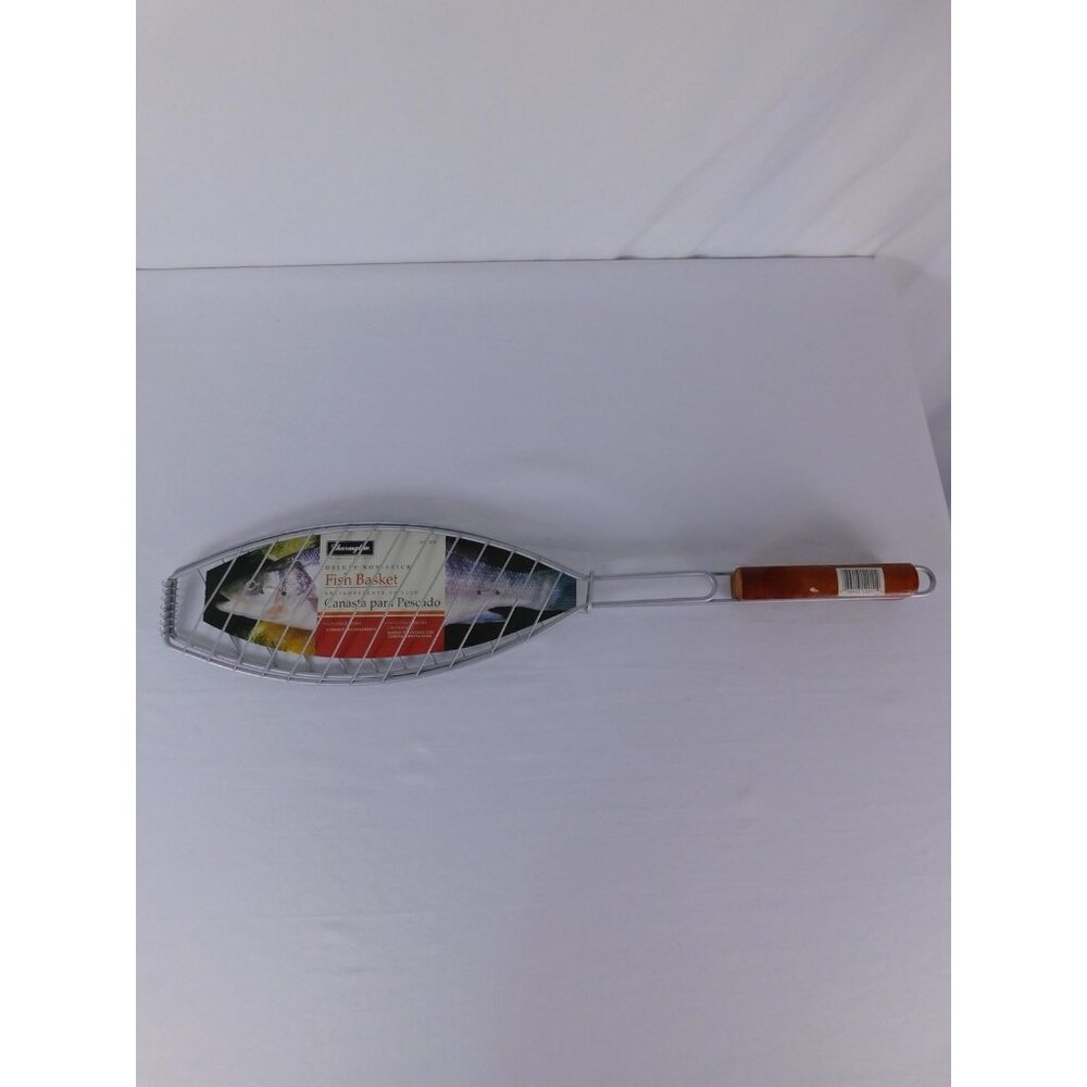 Charmglow Deluxe Non Stick Fish Basket Grill Tongs Wood Handle Silver Metal
